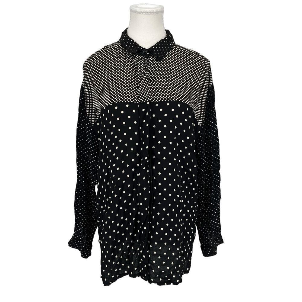 🔴 5 for $25! Vintage Blouse JM by Shelli Segal Black White Polka Dot Large